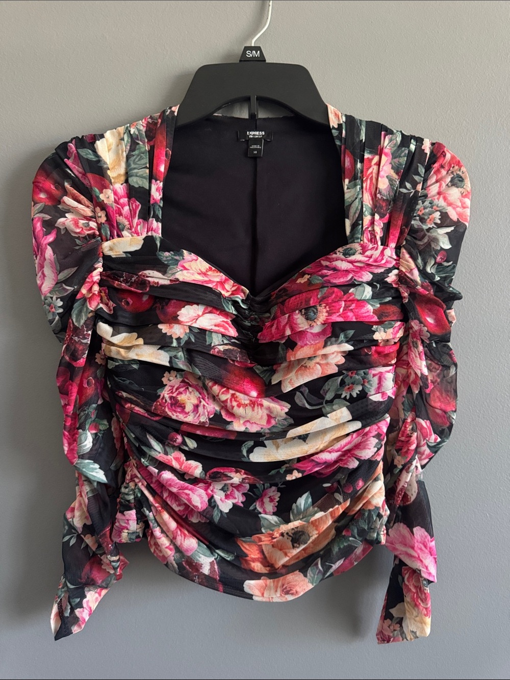 Express Black Floral Ruched Pink Cream Blouse